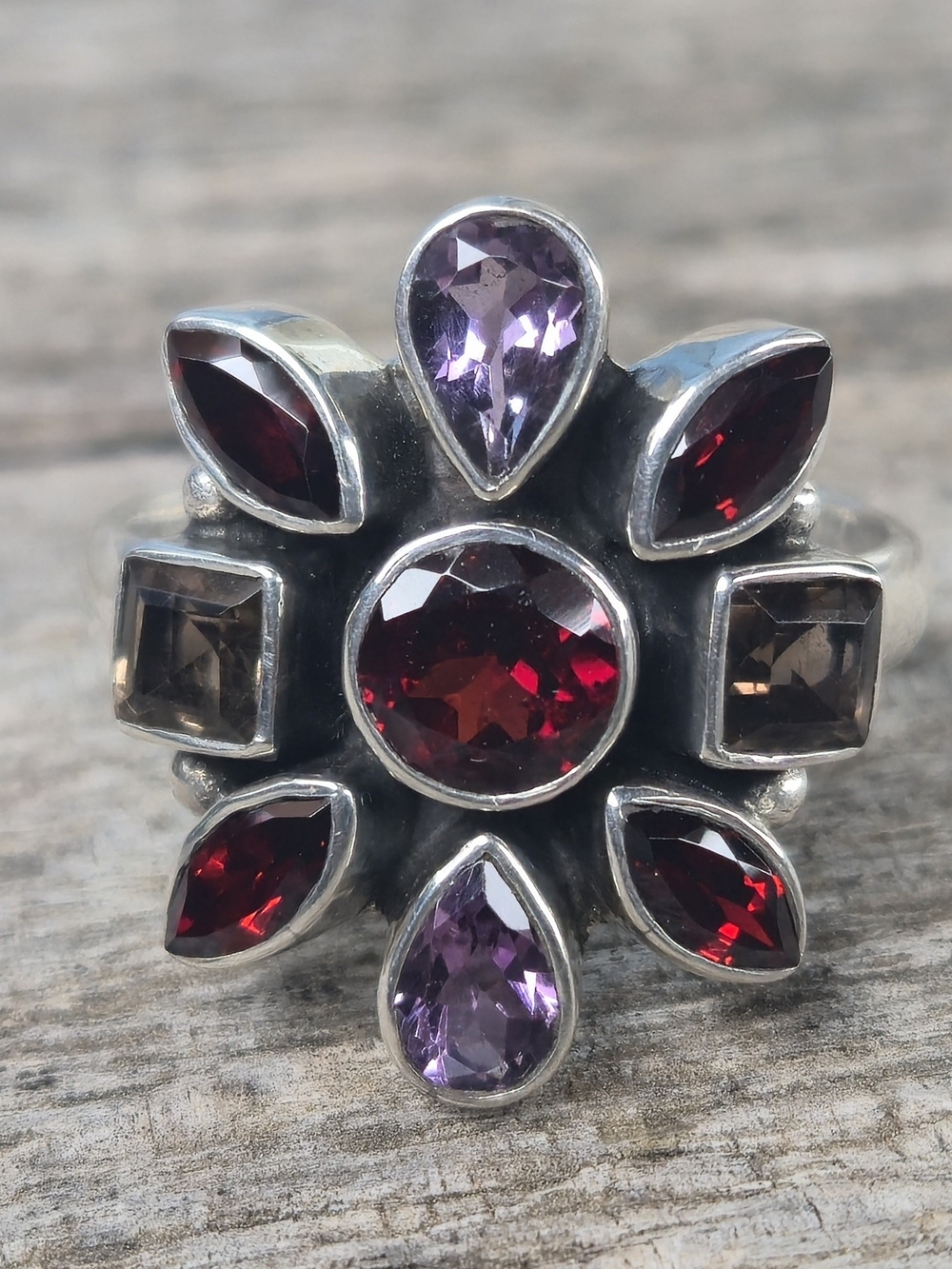 Nicky Butler 925 Sterling Silver Size 10 Ring Garnet Amethyst Smoky Quartz NWT